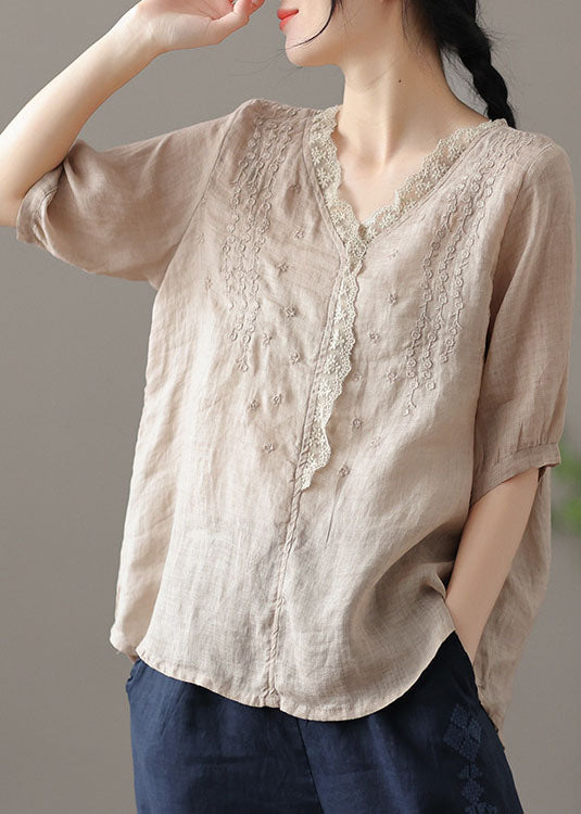 Plus Size Khaki Embroideried Lace Patchwork Linen Shirt Half Sleeve