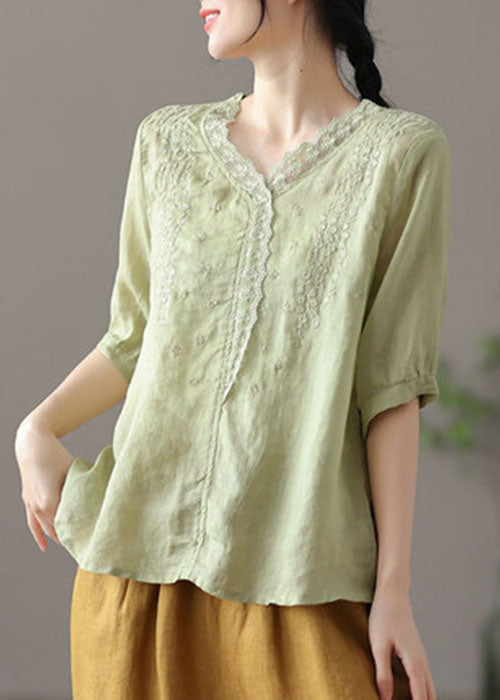 Plus Size Khaki Embroideried Lace Patchwork Linen Shirt Half Sleeve