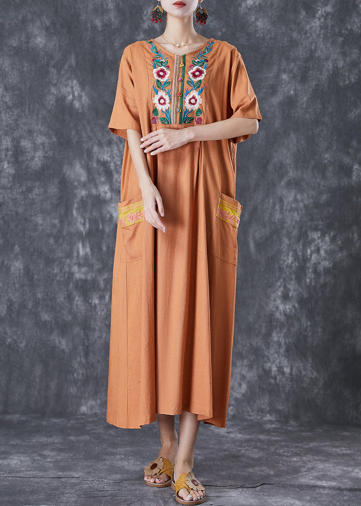 Plus Size Khaki Embroideried Linen Maxi Dress Summer