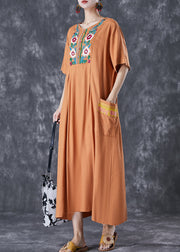 Plus Size Khaki Embroideried Linen Maxi Dress Summer