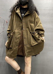 Plus Size Khaki Hooded Drawstring Big Pockets Cotton Coats Spring