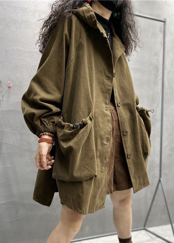 Plus Size Khaki Hooded Drawstring Big Pockets Cotton Coats Spring