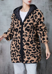 Plus Size Khaki Hooded Leopard Print Fine Cotton Filled Faux Fur Coat Winter