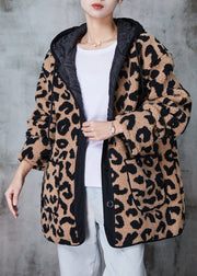 Plus Size Khaki Hooded Leopard Print Fine Cotton Filled Faux Fur Coat Winter