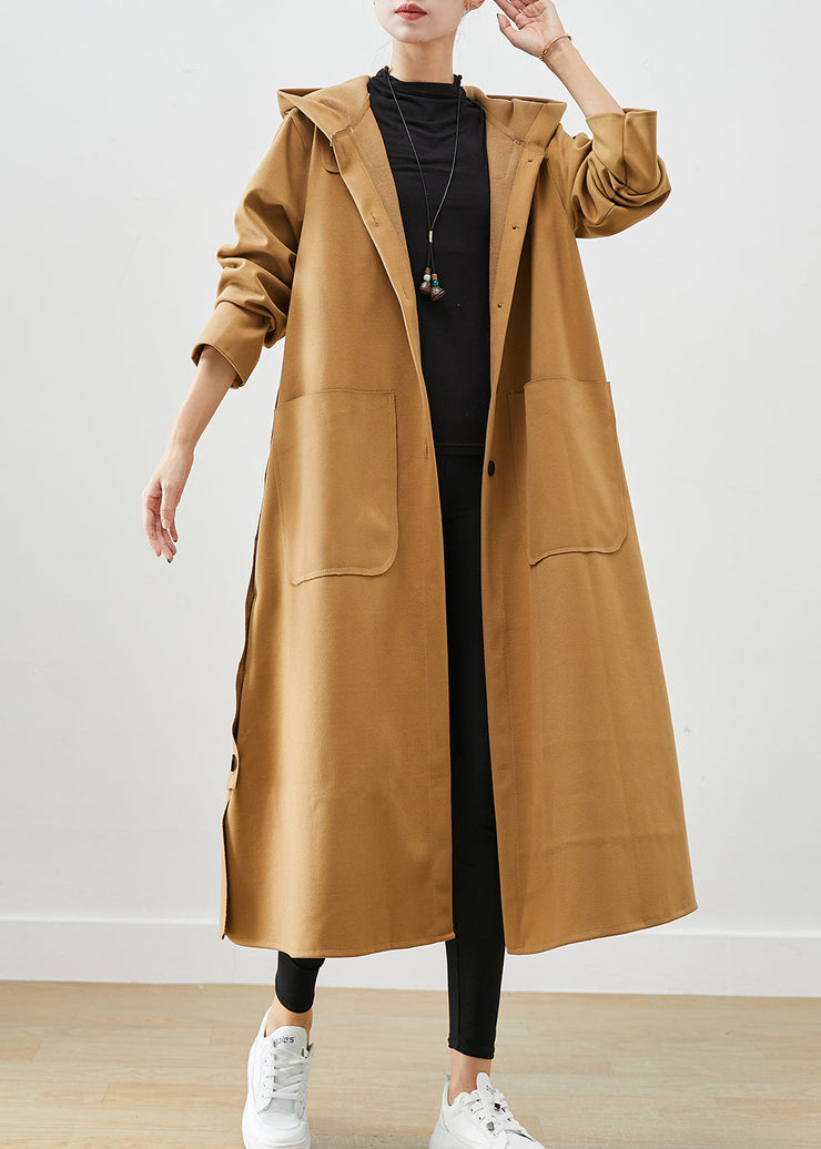 Plus Size Khaki Hooded Pockets Cotton Trench Fall