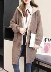 Plus Size Khaki Hooded Pockets Patchwork Knit Coats Fall