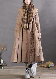 Plus Size Khaki Hooded Tie Waist Patchwork Duck Down Long Coat Winter