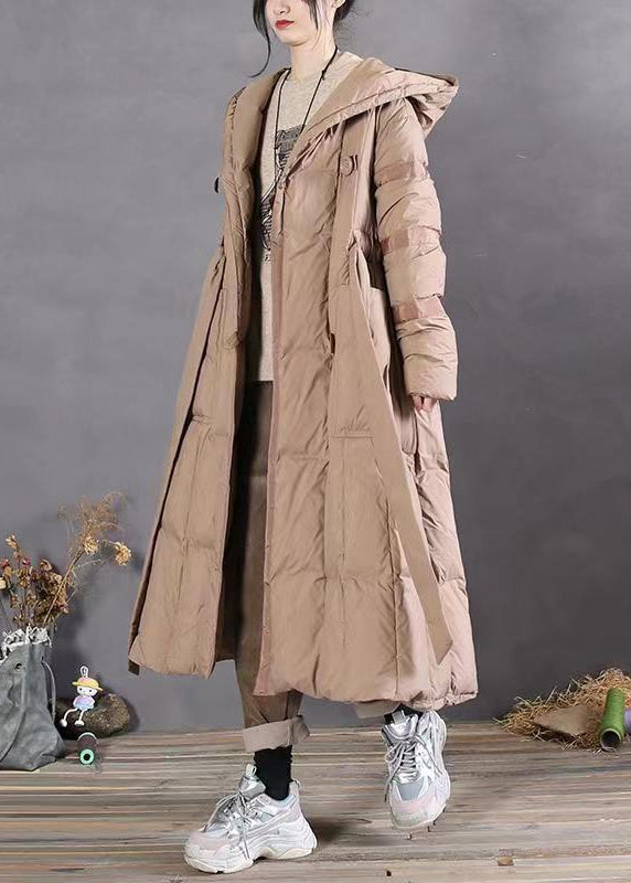 Plus Size Khaki Hooded Tie Waist Patchwork Duck Down Long Coat Winter