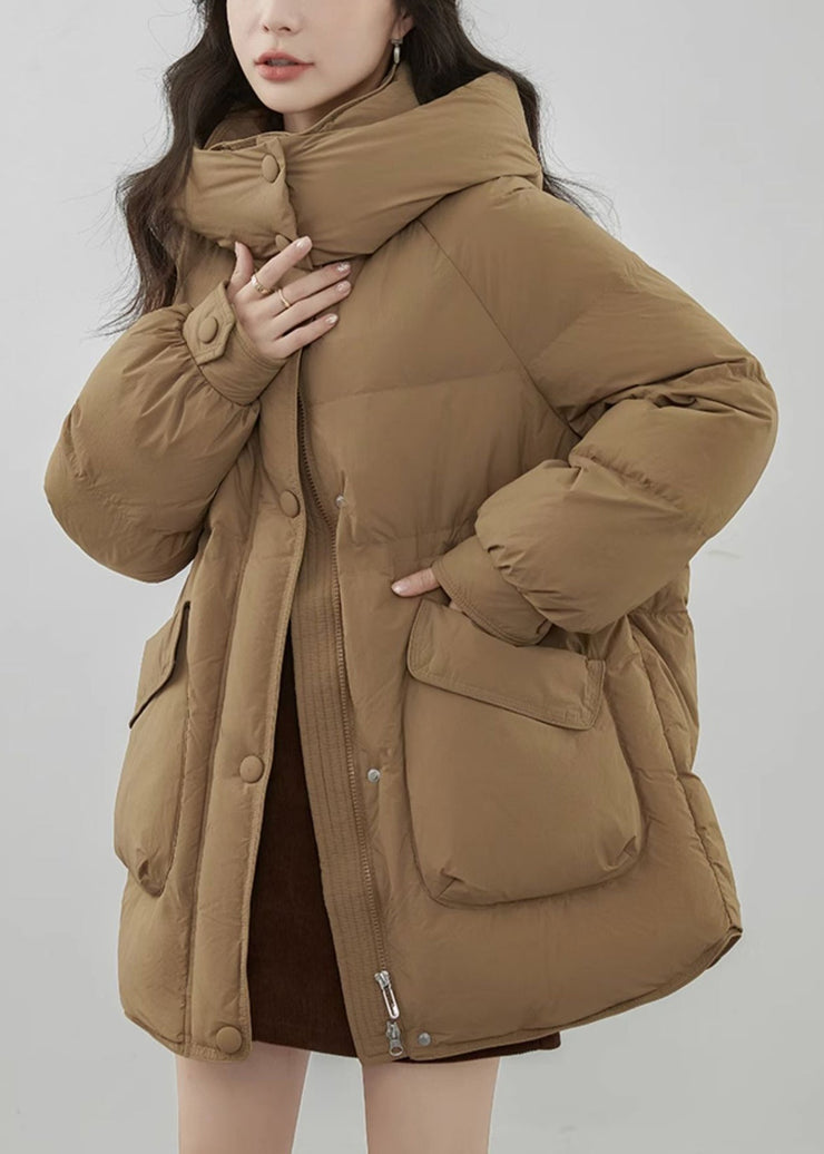 Plus Size Khaki Hooded Zip Up Pockets Duck Down Coats Winter