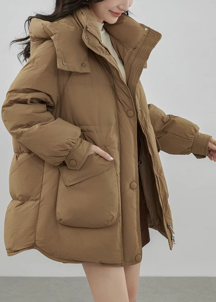 Plus Size Khaki Hooded Zip Up Pockets Duck Down Coats Winter