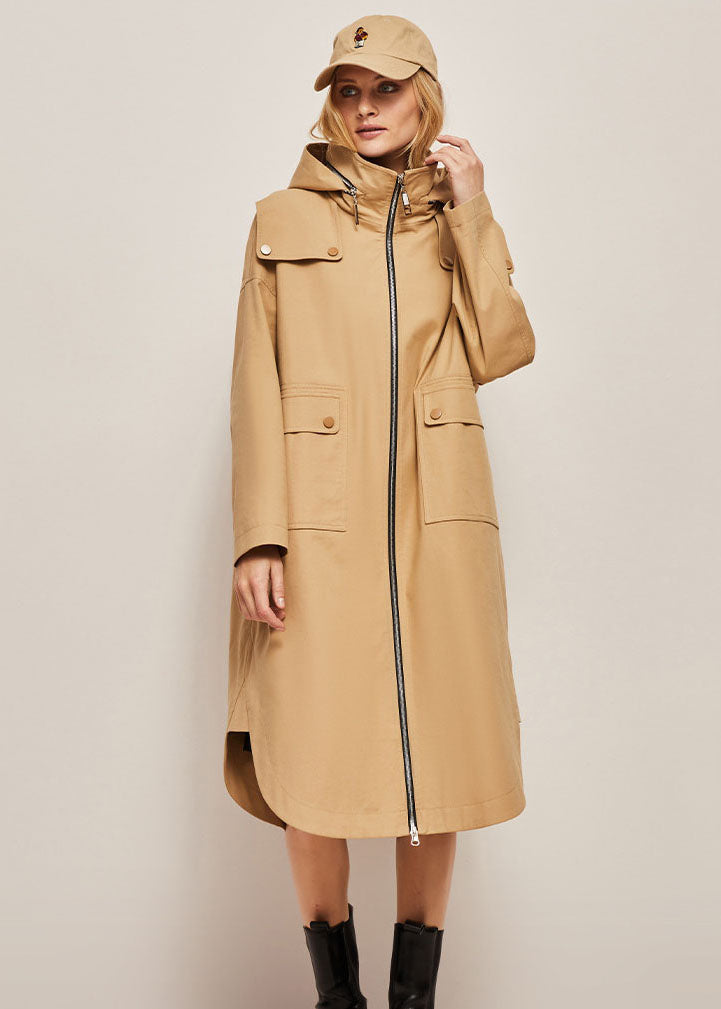 Plus Size Khaki Hooded Zippered Cotton Cocoon Coats Spring