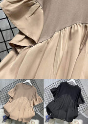 Plus Size Khaki O Neck Knit Patchwork Chiffon T Shirt Summer