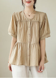 Plus Size Khaki O-Neck Patchwork Wrinkled Cotton Shirt Summer