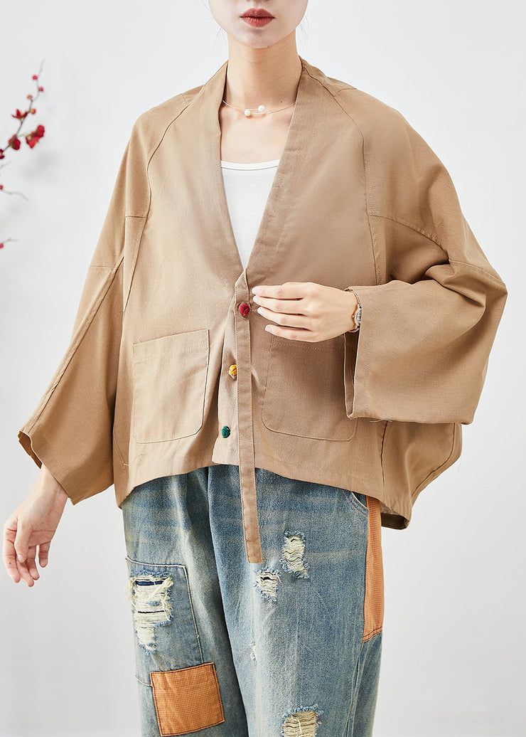 Plus Size Khaki Oversized Pockets Linen Jackets Batwing Sleeve