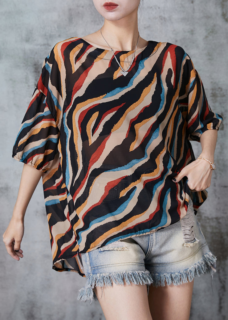 Plus Size Khaki Oversized Striped Chiffon Tops Summer