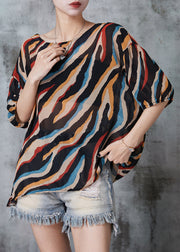 Plus Size Khaki Oversized Striped Chiffon Tops Summer