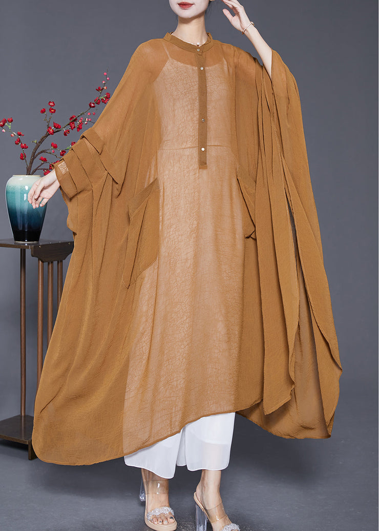 Plus Size Khaki Oversized Wrinkled Chiffon UPF 50+ Long Smock Summer