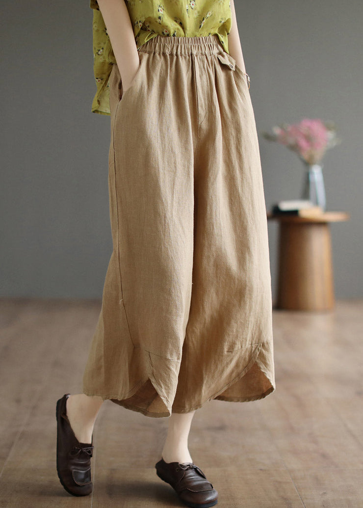 Plus Size Khaki Patchwork Elastic Waist Solid Linen Wide Leg Pants