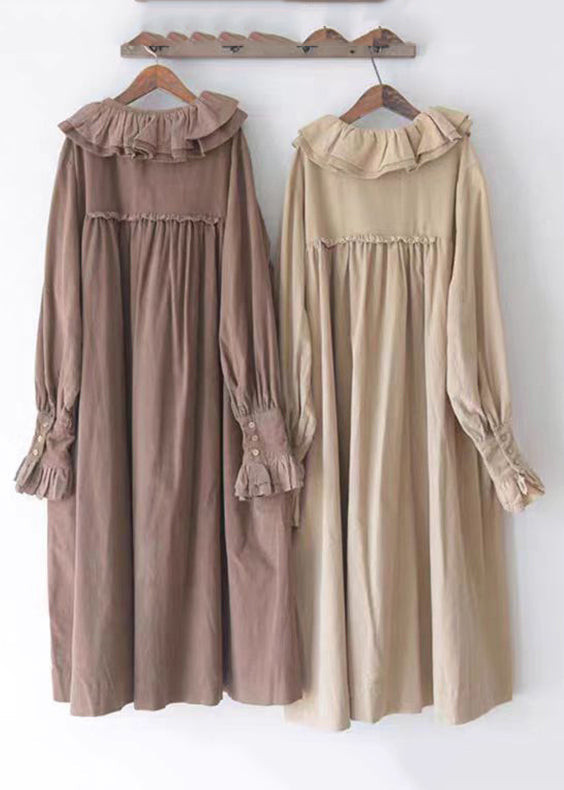 Plus Size Khaki Ruffled Button Corduroy Long Dresses Spring