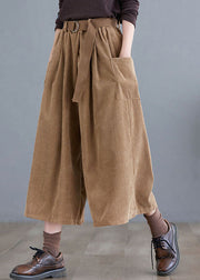 Plus Size Khaki Sashes Corduroy Crop Wide Leg Pants