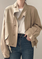 Plus Size Khaki Stand Collar Patchwork Drawstring Coat Long Sleeve