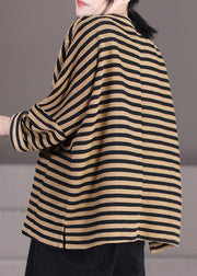 Plus Size Khaki Striped O-Neck Patchwork Sweatshirts Fall