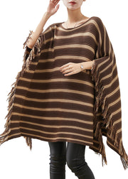 Plus Size Khaki Striped Tasseled Knit Mini Dresses Spring