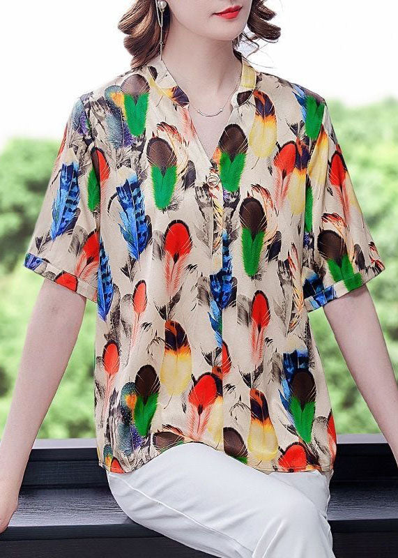 Plus Size Khaki V Neck Print Silk Shirt Tops Short Sleeve