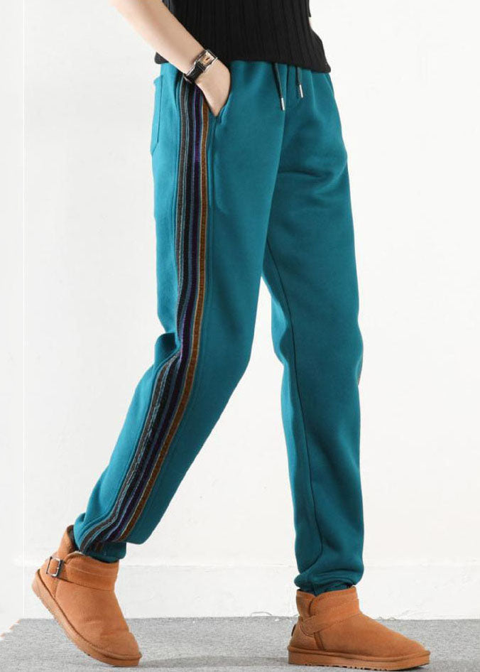 Plus Size Lake Blue Elastic Waist Pockets Warm Fleece Harem Pants Winter