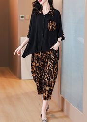 Plus Size Leopard Button Pockets Chiffon Sets 2 Pieces Half Sleeve