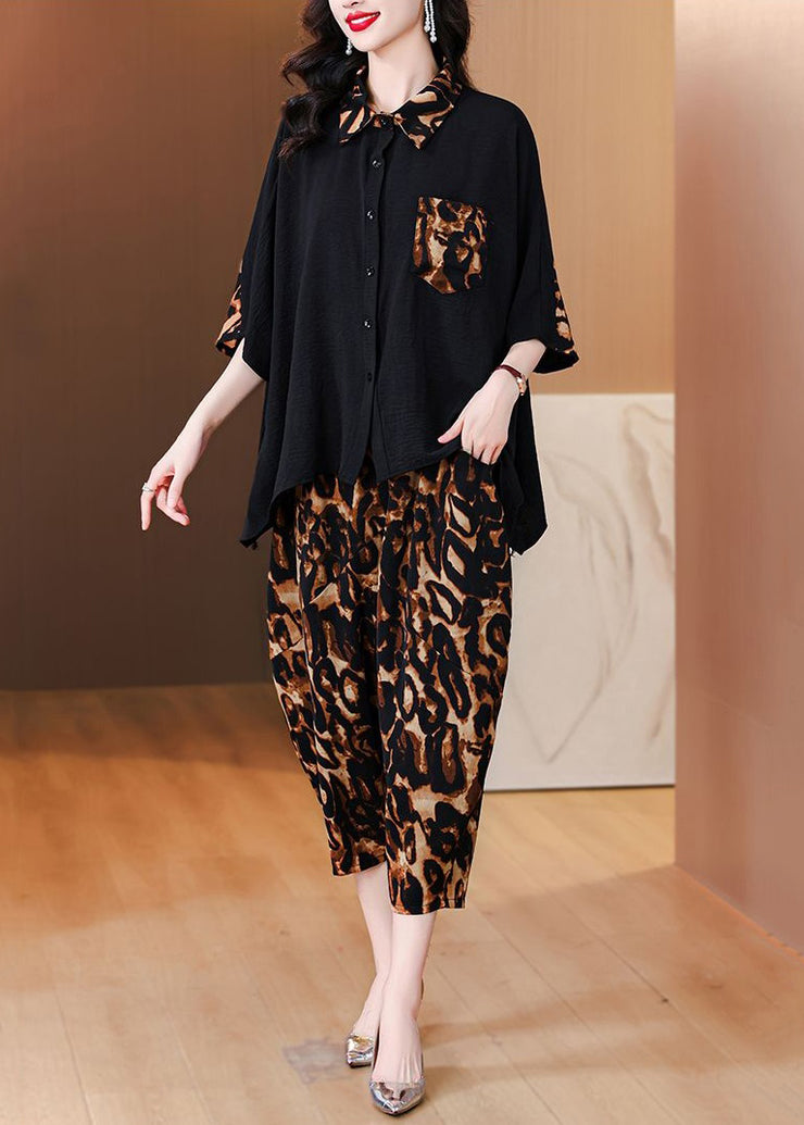 Plus Size Leopard Button Pockets Chiffon Sets 2 Pieces Half Sleeve