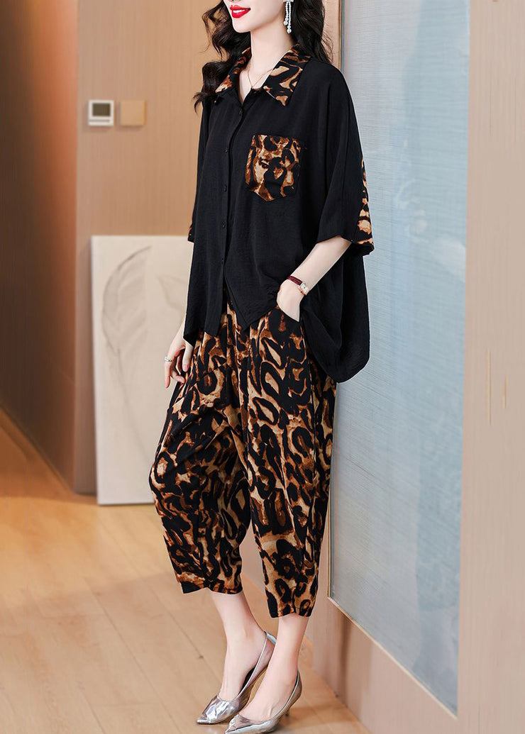 Plus Size Leopard Button Pockets Chiffon Sets 2 Pieces Half Sleeve