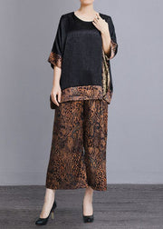 Plus Size Leopard O-Neck Print Patchwork Silk Two Pieces Set Batwing Sleeve