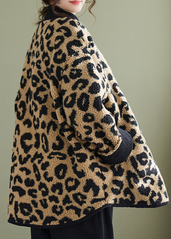 Plus Size Leopard Pockets Fine Cotton Filled Faux Fur Coats Winter