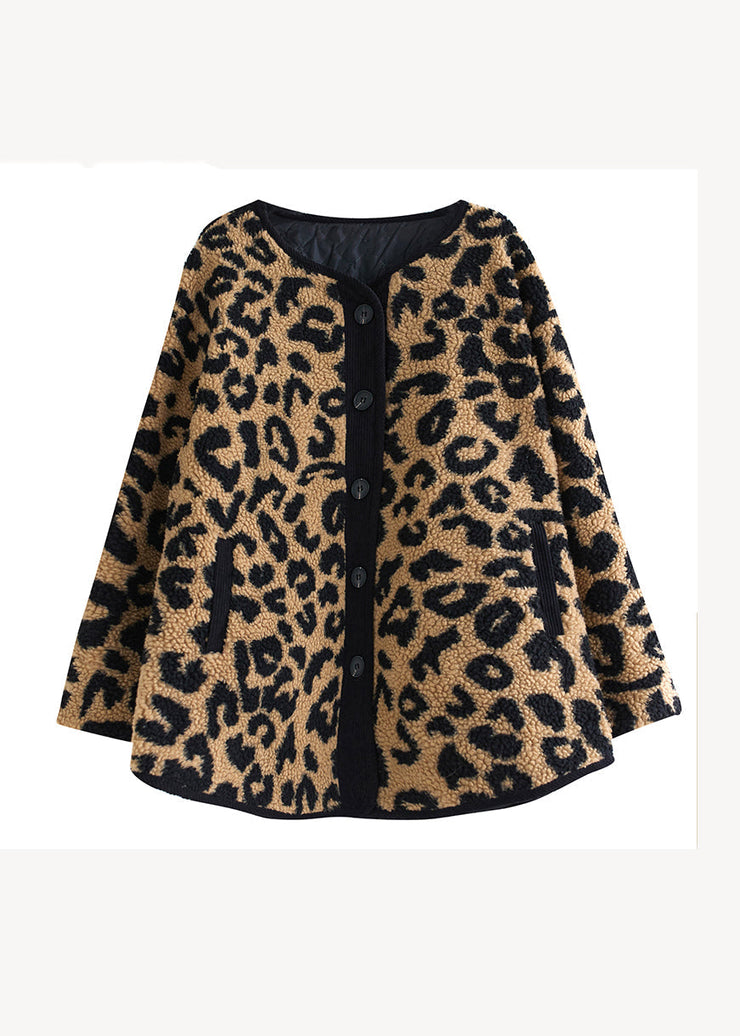 Plus Size Leopard Pockets Fine Cotton Filled Faux Fur Coats Winter