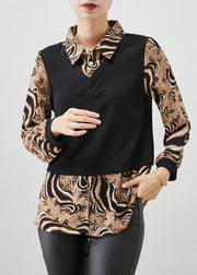 Plus Size Leopard Print Patchwork Cotton Fake Two Piece Shirt Top Fall