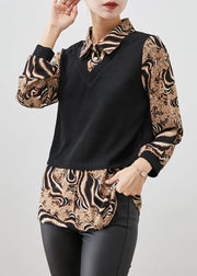 Plus Size Leopard Print Patchwork Cotton Fake Two Piece Shirt Top Fall