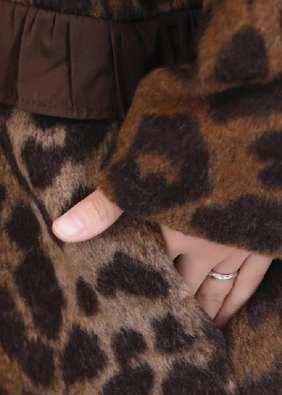 Plus Size Leopard Ruffled Pockets Thick Woolen Coats Long Sleeve