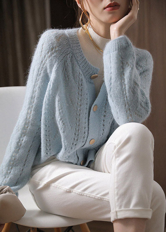 Plus Size Light Blue O-Neck Hollow Out Ma Hai Mao Knit Cardigan Spring