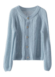 Plus Size Light Blue O-Neck Hollow Out Ma Hai Mao Knit Cardigan Spring