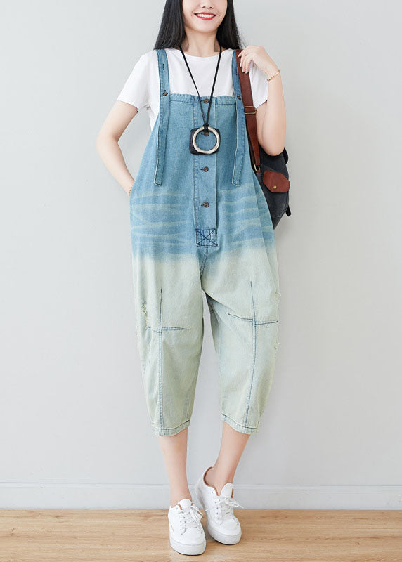 Plus Size Light Blue Patchwork Gradient Color Cotton Overalls Jumpsuit Spring