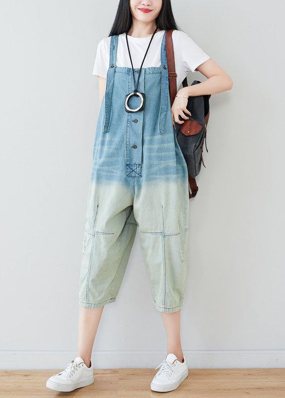 Plus Size Light Blue Patchwork Gradient Color Cotton Overalls Jumpsuit Spring