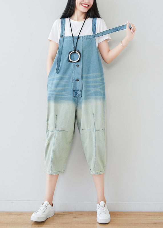 Plus Size Light Blue Patchwork Gradient Color Cotton Overalls Jumpsuit Spring