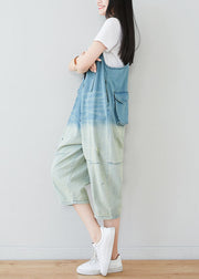 Plus Size Light Blue Patchwork Gradient Color Cotton Overalls Jumpsuit Spring