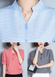 Plus Size Light Blue Plaid Button Chiffon Shirt Top Summer