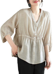 Plus Size Light Camel V Neck Button Linen Blouses Summer