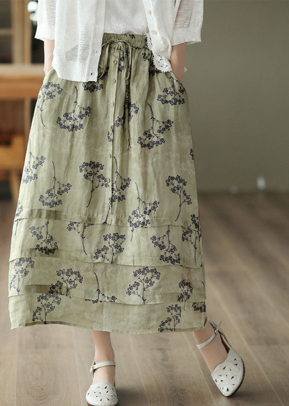 Plus Size Light Green High Waist Patchwork Print Linen Skirt Summer