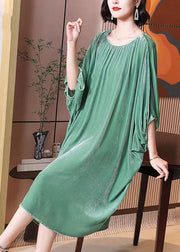 Plus Size Light Green O Neck Patchwork Silk Velour Dresses Batwing Sleeve