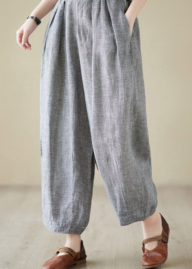 Plus Size Light Grey Elastic Waist Solid Linen Lantern Pants Summer