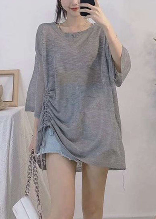 Plus Size Light Grey O Neck Lace Up Ice Silk Knit T Shirt Summer